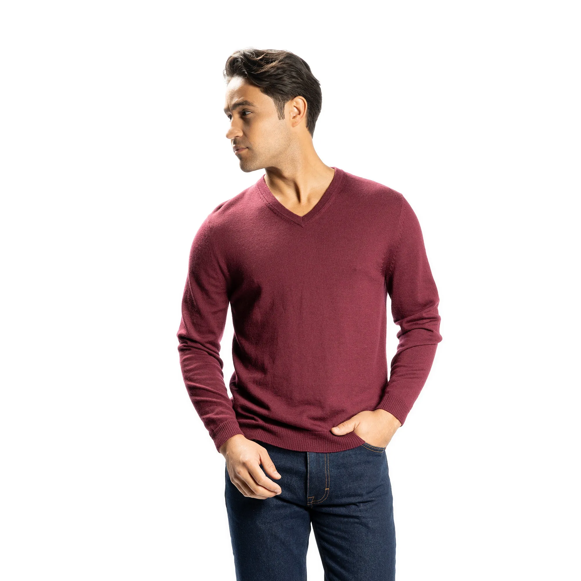 Merino Wool Sweaters V Neck - Burgundy