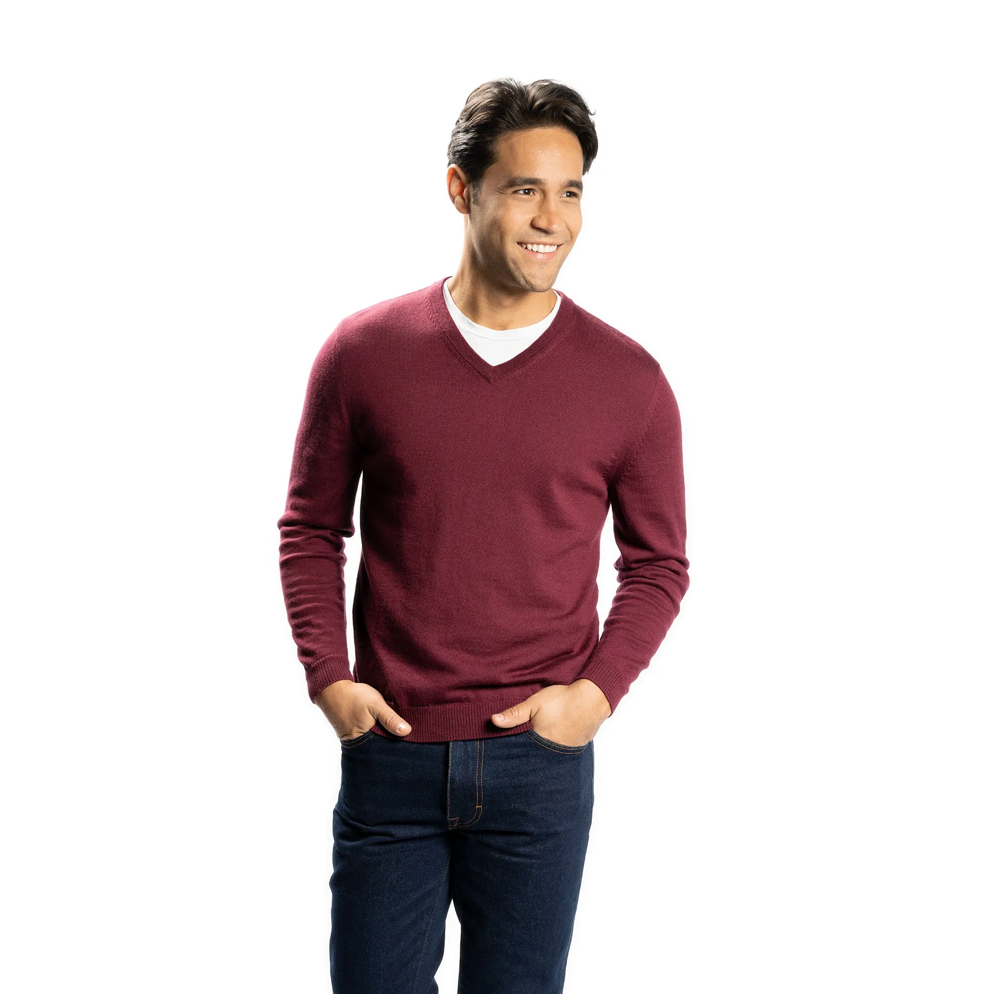 Merino Wool Sweaters V Neck - Burgundy