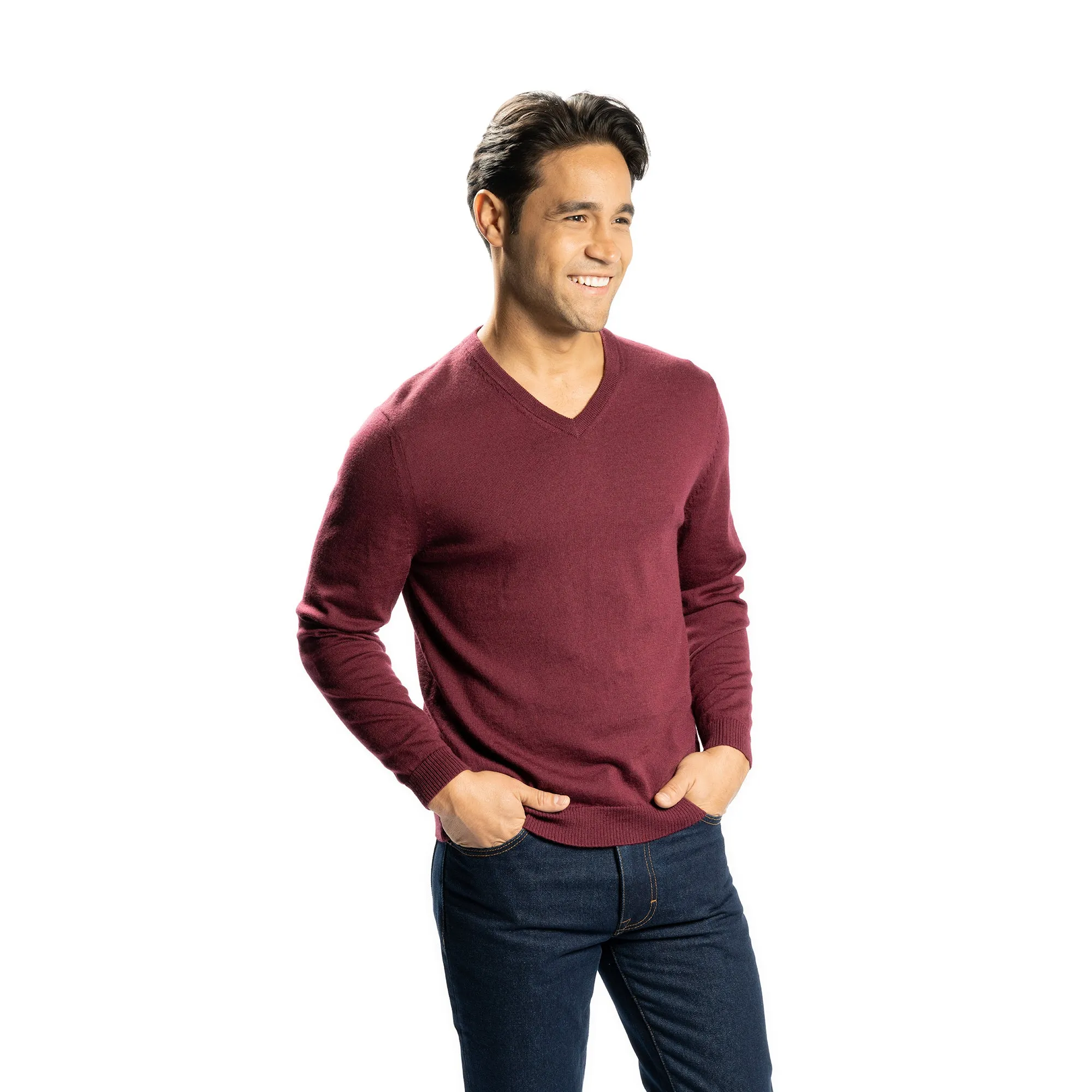 Merino Wool Sweaters V Neck - Burgundy