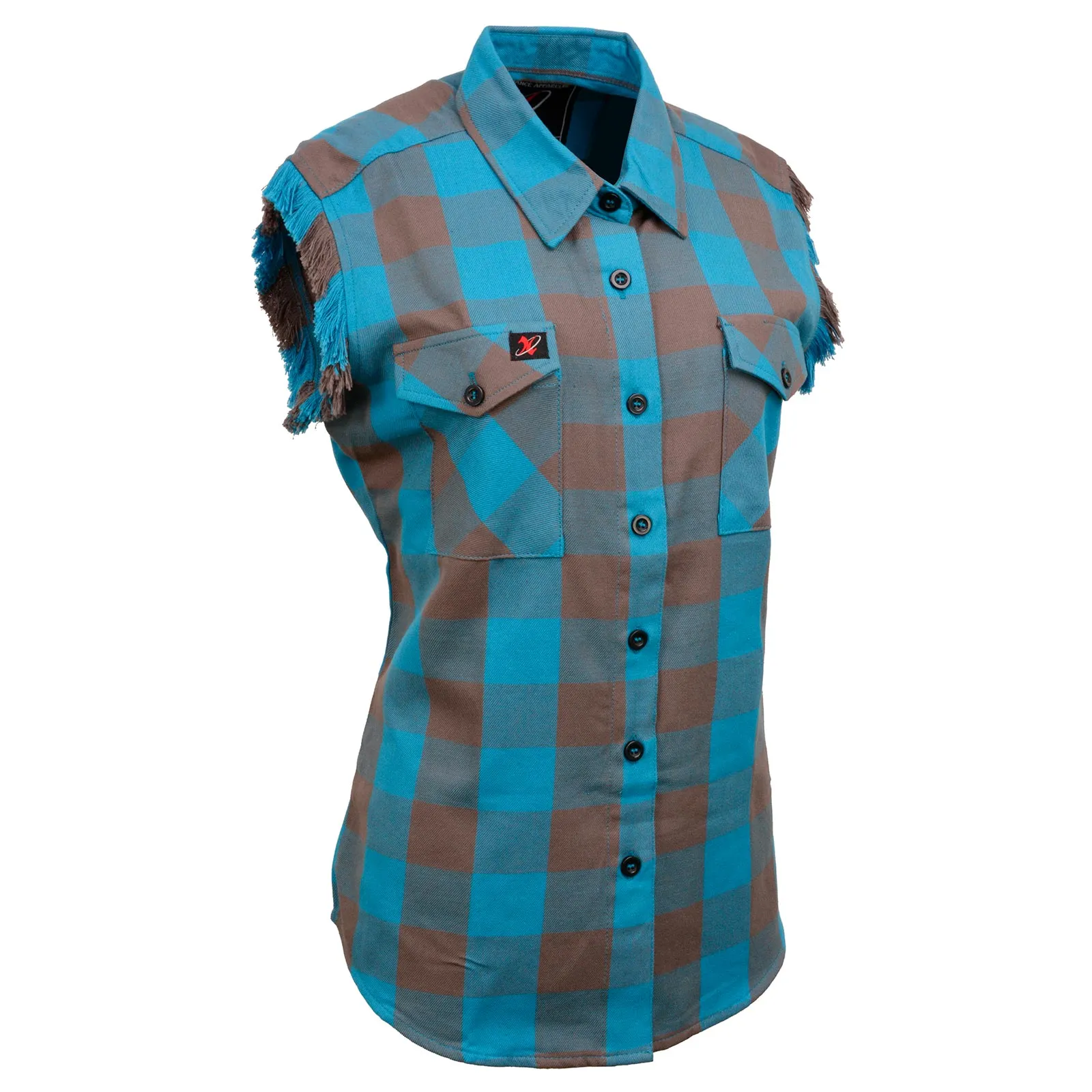 Milwaukee Leather MNG21623 Women's Flannel Brown/Aqua Button Down Sleeveless Cut Off Shirt w/ Frill Arm