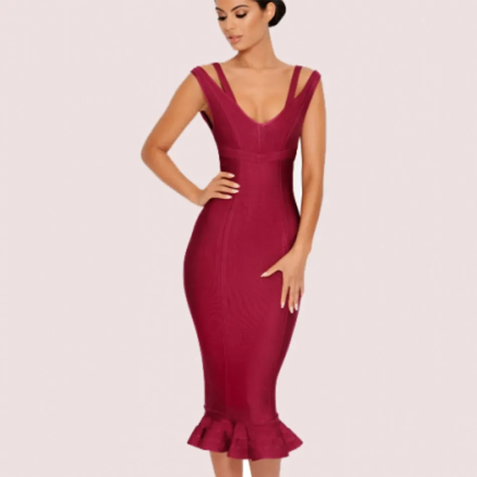 New Arrival Women Wine Red Tank Sleeveless Mermaid Bandage Dress Sexy V Neck Midi Club Celebrity Runway Party Dresses