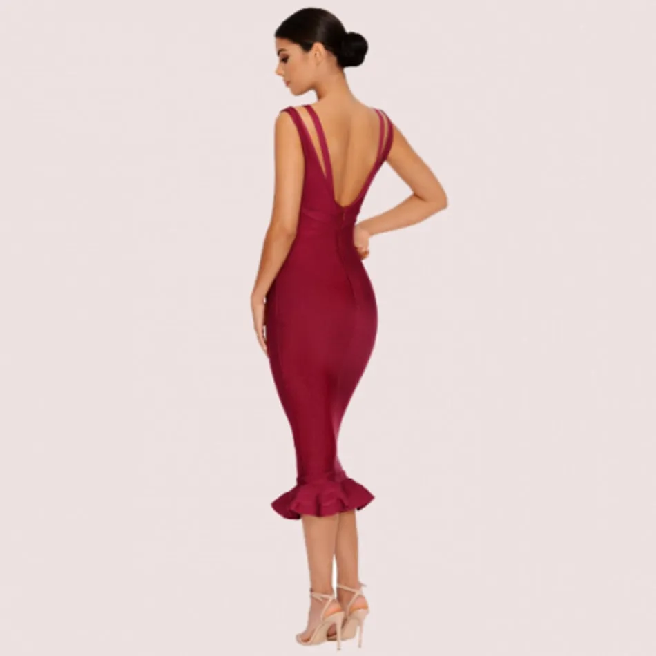 New Arrival Women Wine Red Tank Sleeveless Mermaid Bandage Dress Sexy V Neck Midi Club Celebrity Runway Party Dresses