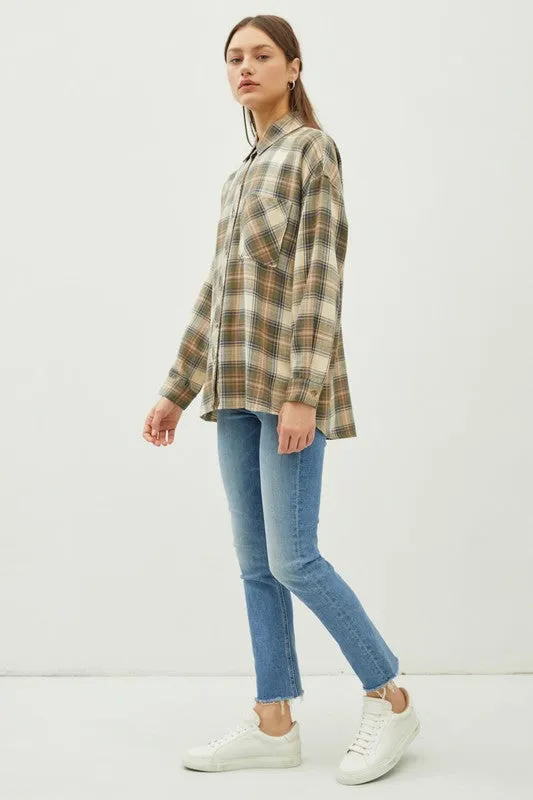 Olive  Plaid Flannel Long Sleeve Button Up Shirt