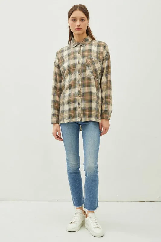 Olive  Plaid Flannel Long Sleeve Button Up Shirt