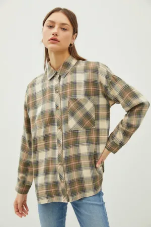 Olive  Plaid Flannel Long Sleeve Button Up Shirt