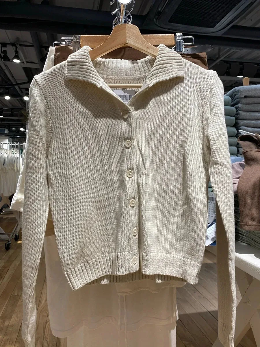 TAVIMART  -  Beige Knit Short Sweater Cardigan Women Autumn Single Breasted Lapel Long Sleeve Sweaters Coat Cotton Casual Knitwear Top Y2k