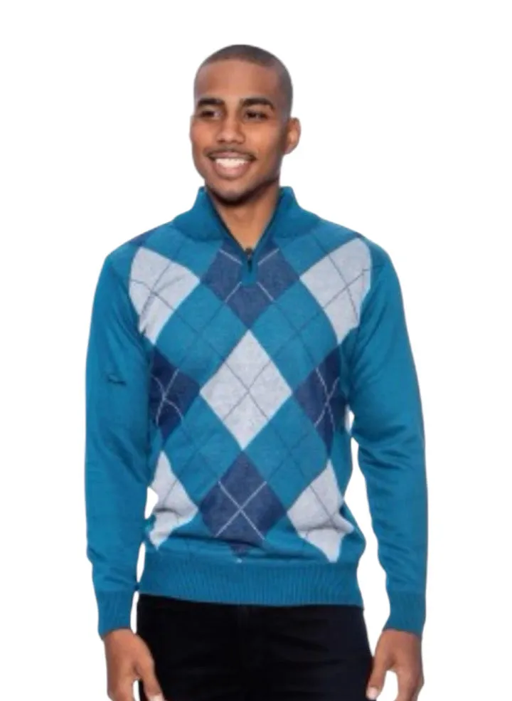 Turquois Men's Crewneck Sweater Argyle Pattern Quarter Zip Up Long Sleeve Knit Pullover-99