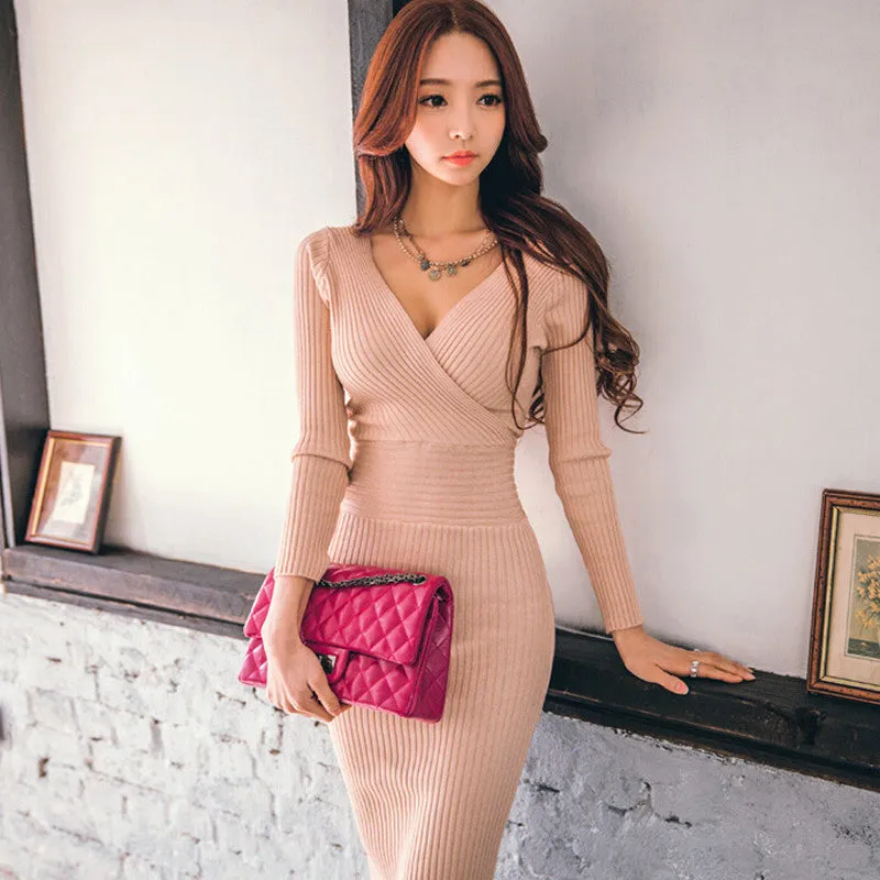 VenusFox Women Knitted V-neck Cotton Skinny Sweater Dress  Slim Bodycon Dress Elegant Sexy Party