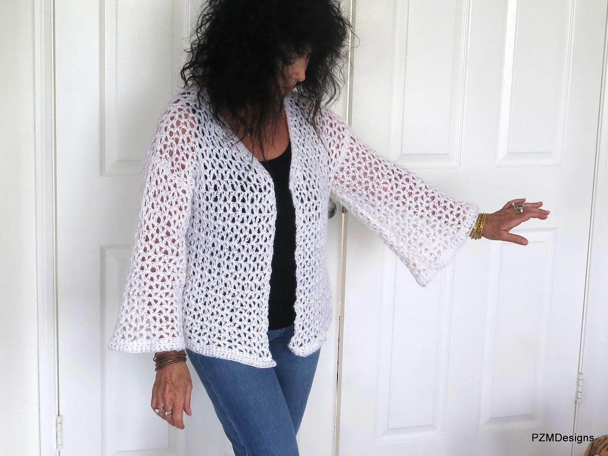 White Crochet Plus Size Sweater with Sequins, Gift for her