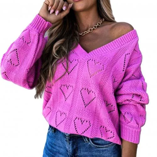 Women Autumn Winter Love Heart Hollow Crochet Sweater Loose V Neck Long Sleeve Casual Knitwear Jumper Rose Red/Pink/Khaki/White