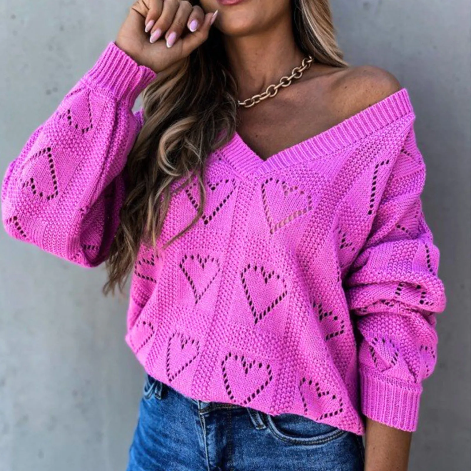 Women Autumn Winter Love Heart Hollow Crochet Sweater Loose V Neck Long Sleeve Casual Knitwear Jumper Rose Red/Pink/Khaki/White