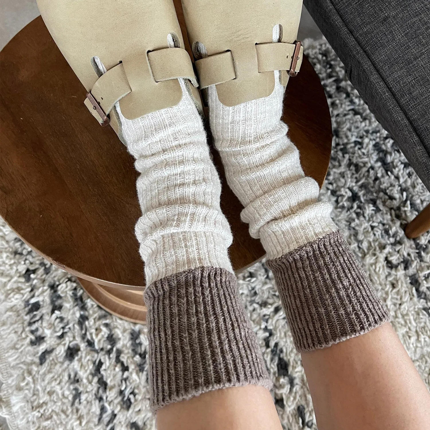 Womens Cotton Colour Block Cottage Socks - Oatmeal/Flax